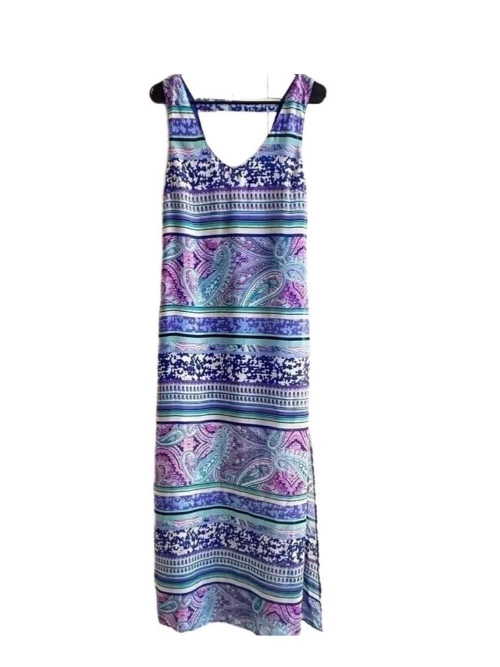 Umgee Maxi Dress Colorful Purple Paisley Stripes Beach Double lined Coastal S